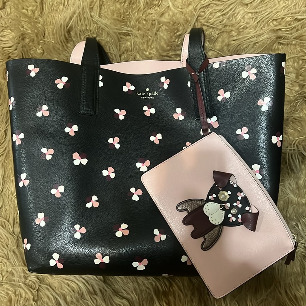 Kate Spade ♠️ Floral Pup Reversible Leather Tote - Picture 4 of 16